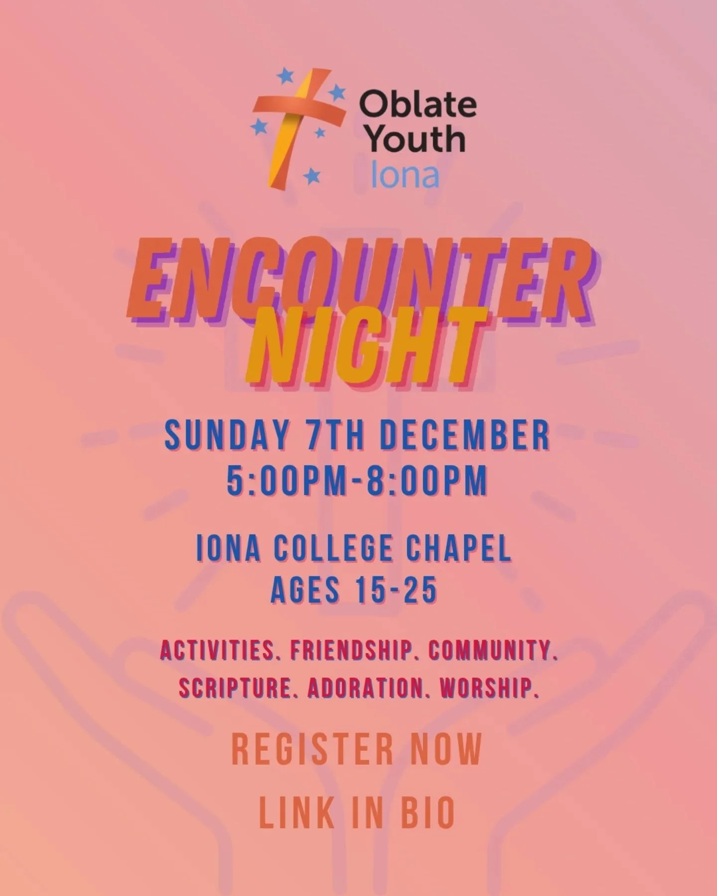 Last Encounter Night for the year coming up on Sunday 7th Dec 5pm at Iona College Chapel.
Looking forward to seeing you there. Registration essential, see link in bio.

#oblateyouth #iona #youthgroup #catholic #church #worship #connection #fellowship