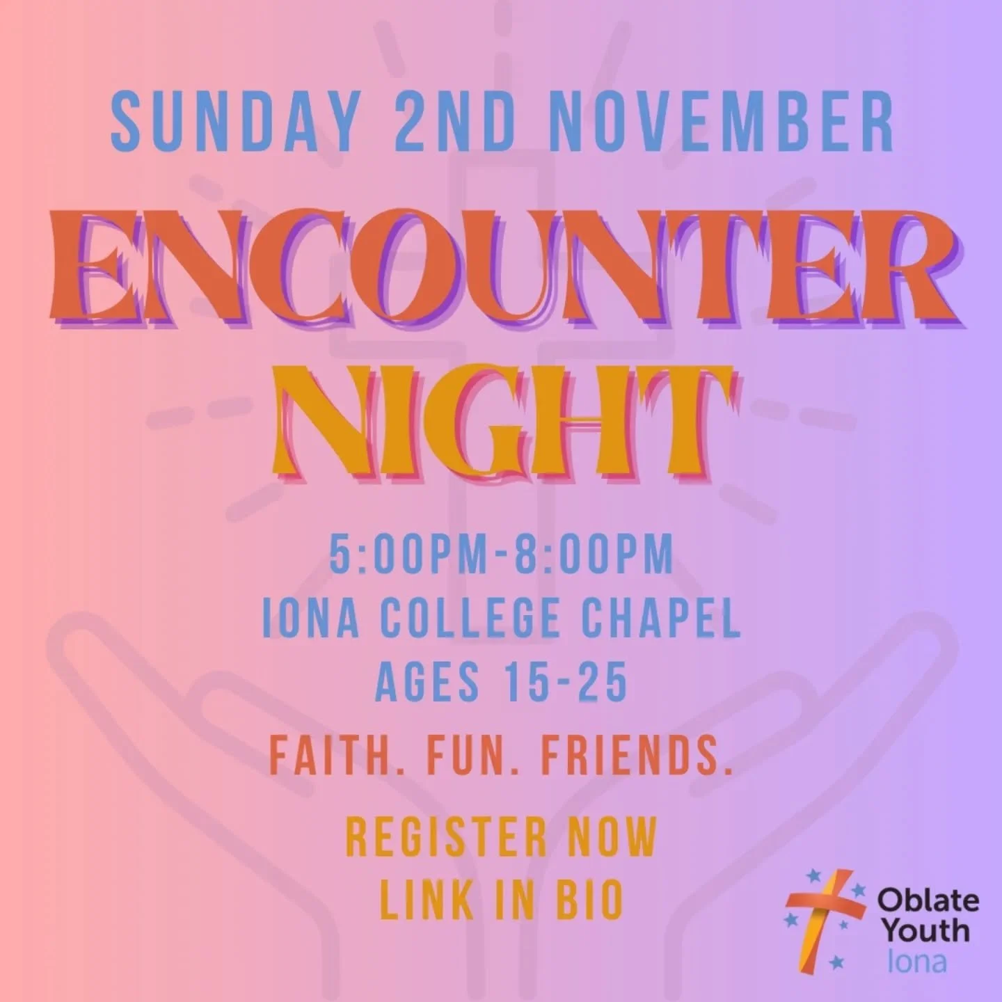 Next Encounter Night is SUNDAY 2ND NOV
🙏✝️🙏✝️🙏✝️🙏✝️🙏✝️🙏✝️🙏✝️🙏✝️
5pm Start at Iona College Chapel
Faith. Fun. Friends. (And Food!)
Ages 15-25 are welcome, bring your friends!
Registration Essential. See link in bio.

See you there 😊 

#oblate