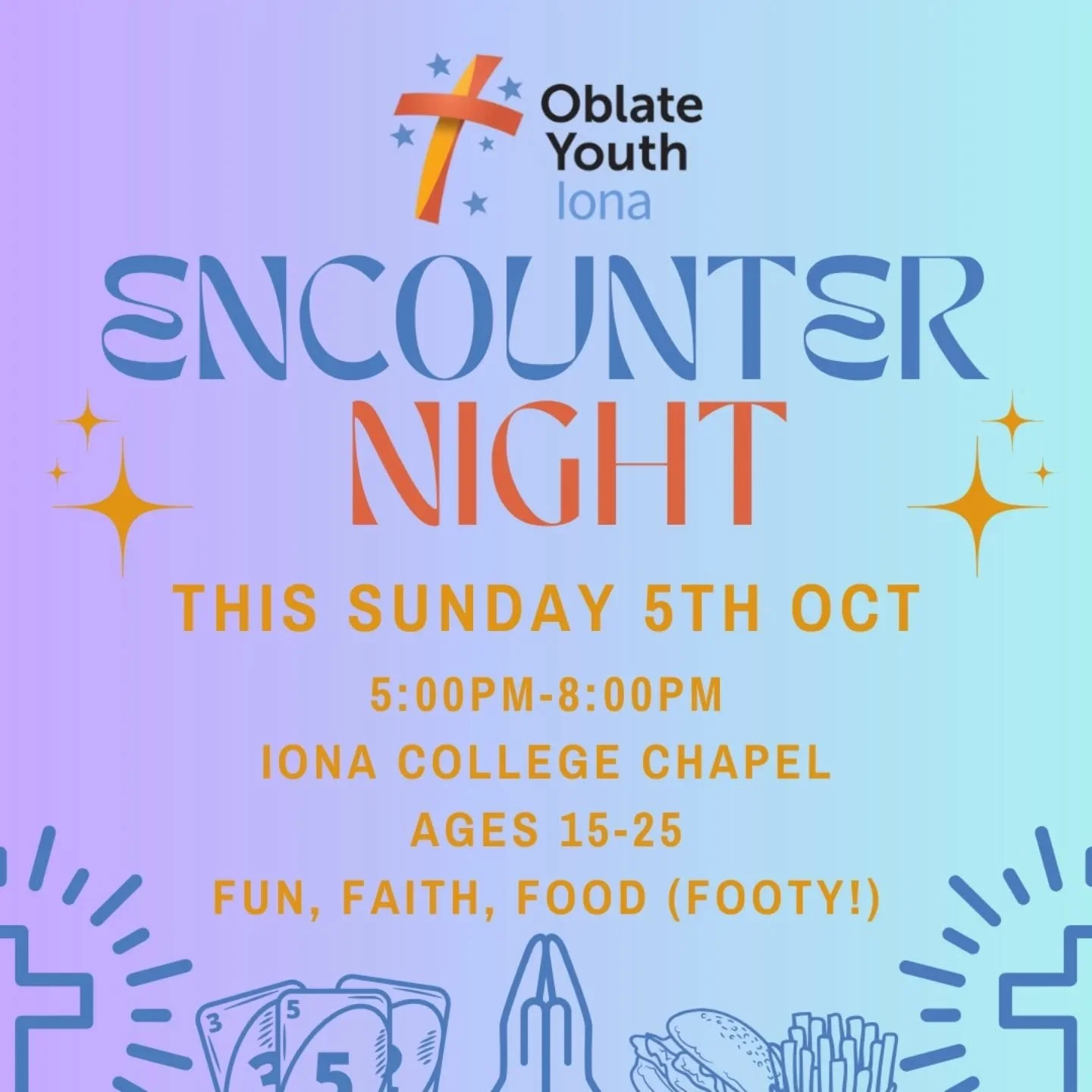 Next Encounter Night THIS SUNDAY 5TH OCT
Ages 15-25 welcome to share in fun, faith, food and some footy this coming Sunday from 5pm at Iona College Chapel.
Bring your friends, all are welcome.
Register now. Link in bio.
✌️✝️🙏❤️

#oblateyouth #oya #y