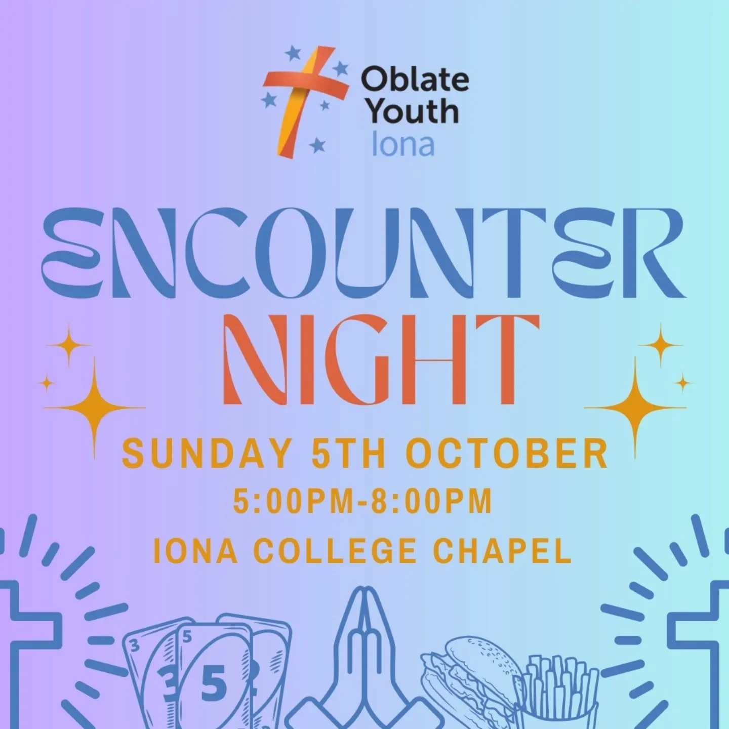 Our next Encounter Night is coming up soon!
Sunday 5th October @ Iona College Chapel
5pm start with games, worship and food.
15-25 year olds welcome.
Registration essential - see link in bio.

Hope to see you there 😊 

#oblateyouth #oya #oblateyouth