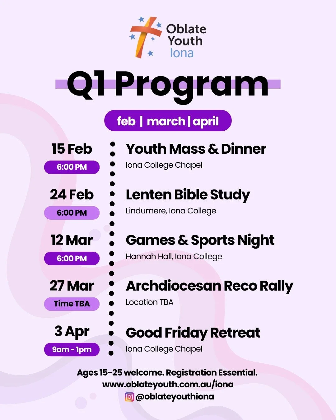Exciting times for Oblate Youth Iona!
Plenty of great events coming up in the first quarter of 2026. Mark them in your calendars and head to our website to register. Link in bio.

We start with our first event, Youth Mass &amp; Dinner on February 15t
