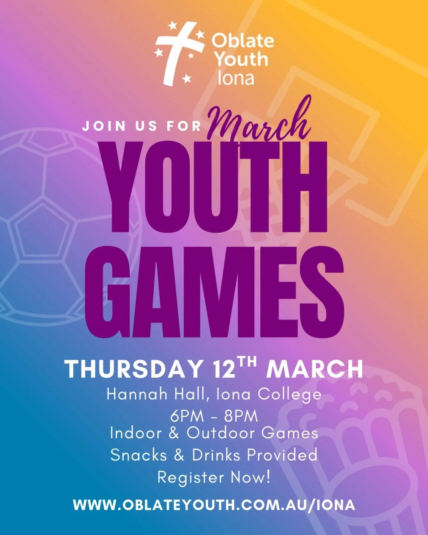 Our next event is coming up next week on Thursday 12th March! Starting at 6pm, a night of games and fun to unite us in faith. Indoor and outdoor activities available plus snacks and drinks. Ages 15-25 welcome, bring your mates!

For location details 