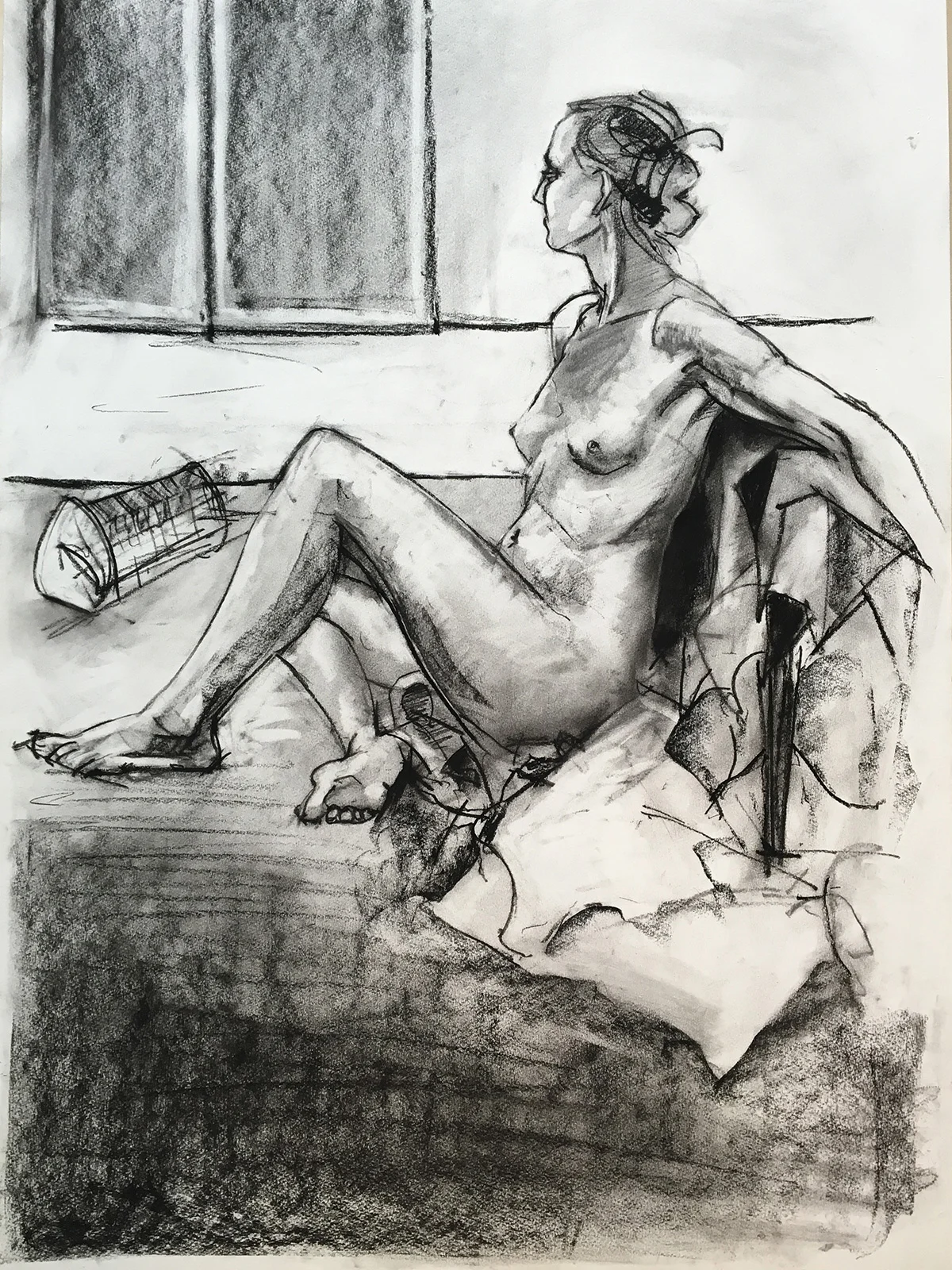   Recline with Heater  2016 64.5 x 96cm Willow charcoal on Holland 