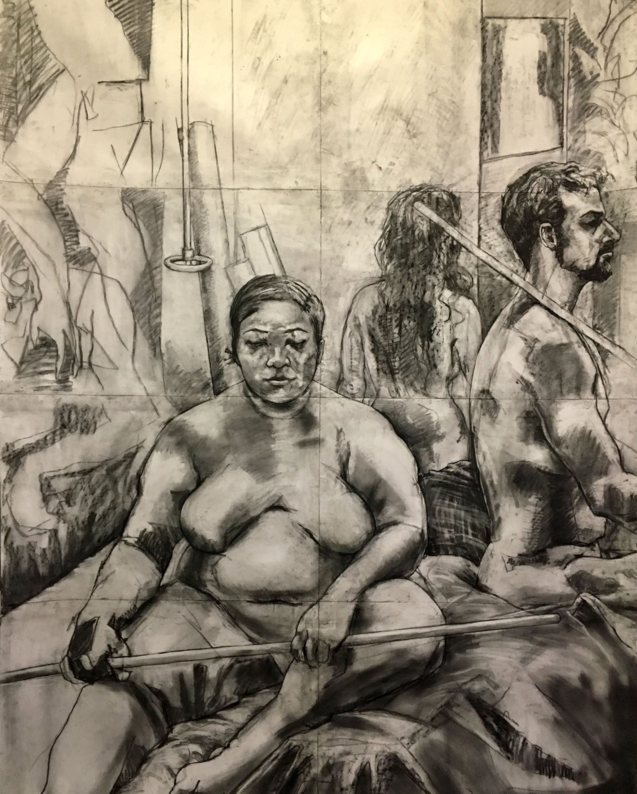   Studio Group &nbsp;2016 (left panel) 200 x 260cm Willow charcoal on Fabriano   