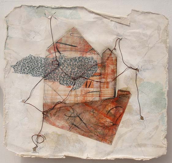 All bound up and papered over. Wax & pigment monotype, recycled wallpaper, wire. by Niamh O'Connor - Copy.jpg
