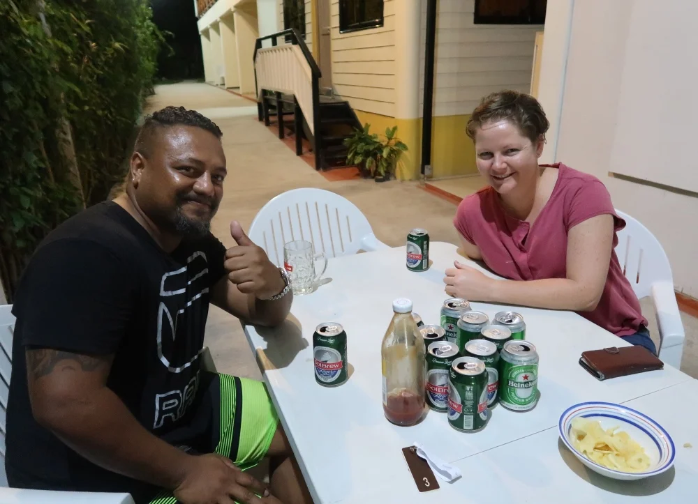 Drinks with the flight crew! Chris the engineer from the flight and Claudia the pilot! She’s been working at Solomon Airlines for seven years- her first and only job, but she’s joined the family business, as her dad was a pilot too and she grew up in Fiji.