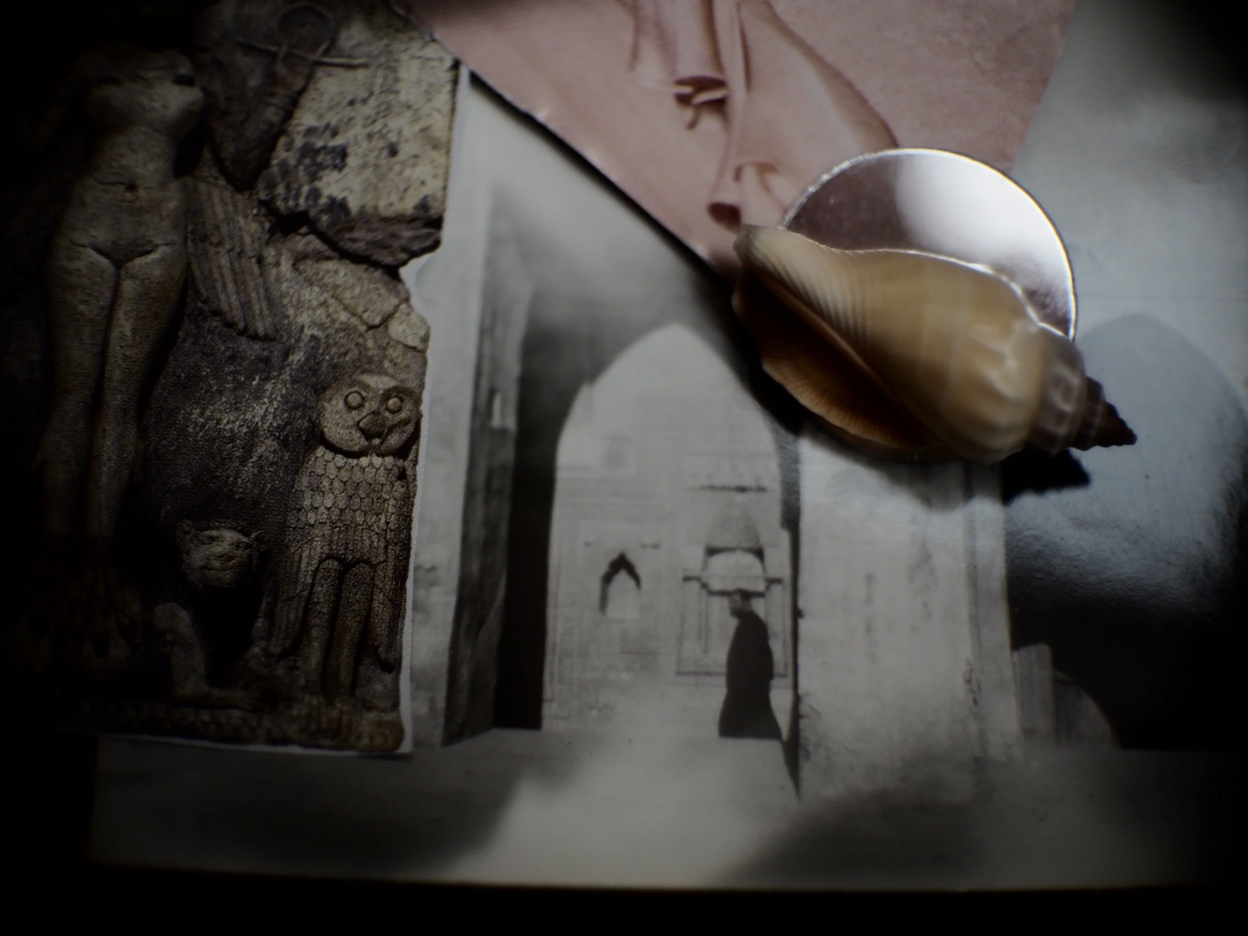 Mar Behnam monastery was a unique structure blending Muslim and Christian architecture, located  near Mosul where I was born. It  was destroyed by ISIS in 2015, rigged with explosives and destroyed. It had an inscription in Uighur, one of the rare few in the Middle East. My Christian mother and Muslim father - their ghostly footsteps walking around the monastery, in the late 1960s. My mother took  a photograph of the famous archway  now erased and lost. . I found this old photograph among her things. Later my mother converted. Crossings and erasures. Things lost leave traces in the most unexpected places. The shell of time is a spiral, her presence is ancient. Somethings cannot truly be lost.