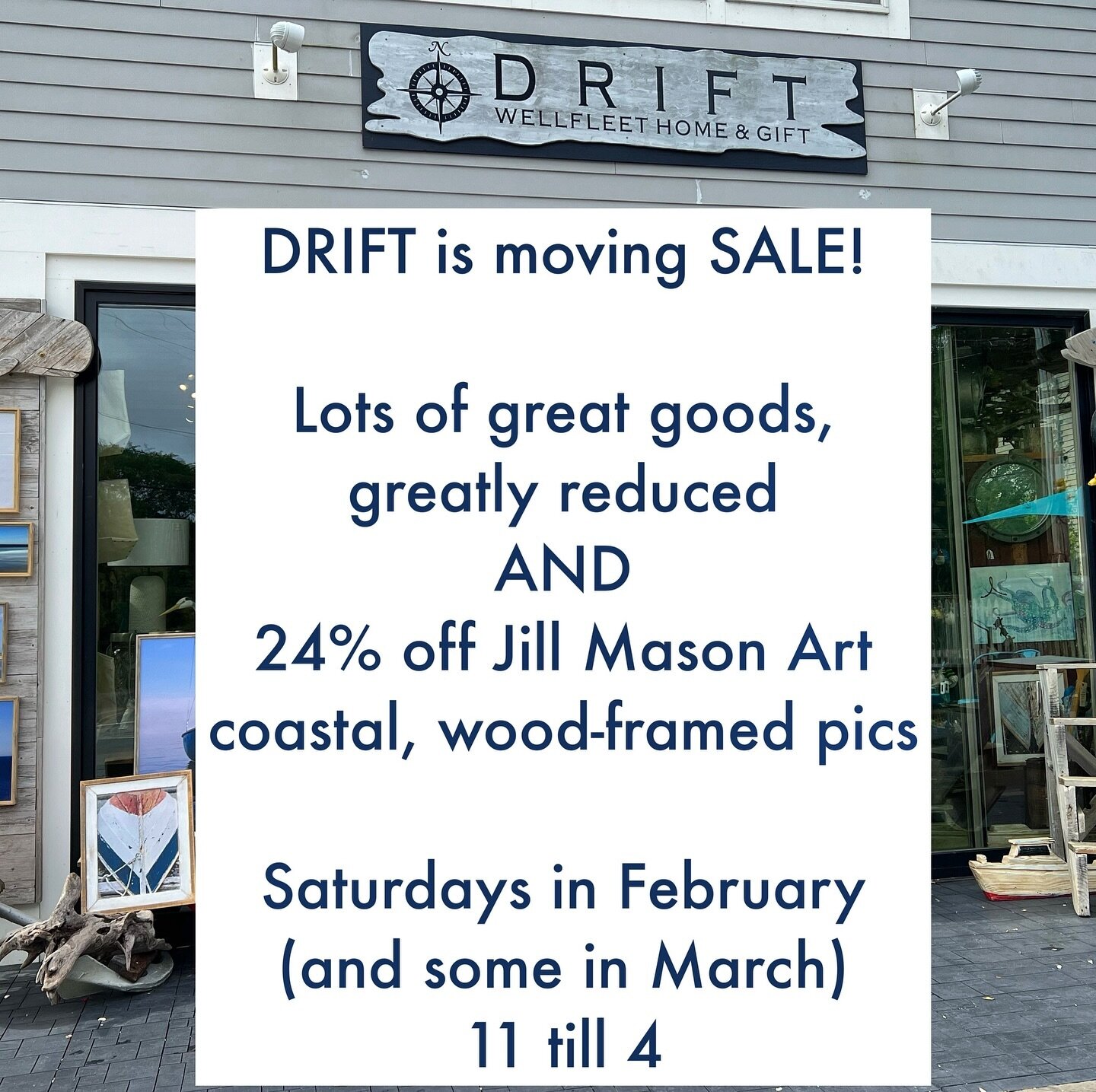 This spring, @DRIFTwellfleet will be welcoming you at a new location&mdash;still in wonderful Wellfleet&mdash;the lovely, historic building at 361 West Main Street.

Until then, there will be lots of great goods, greatly reduced, at DRIFT&rsquo;s cur