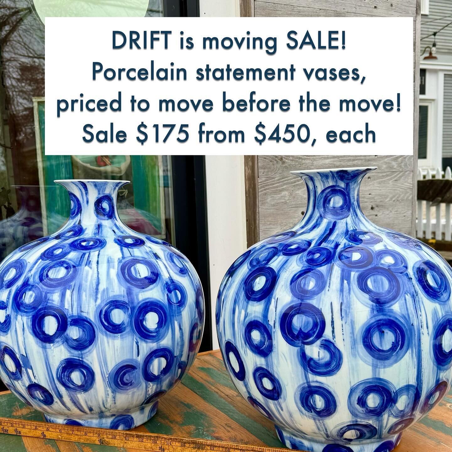 Free-flowing circles in shades of cobalt and navy blue, hand-painted on porcelain, these statement vases are stunning.
For tabletop, floor, or think of entryway and outdoor accents. Priced to move before the move.
Reg. $450 each  Sale $175 each
15&rd