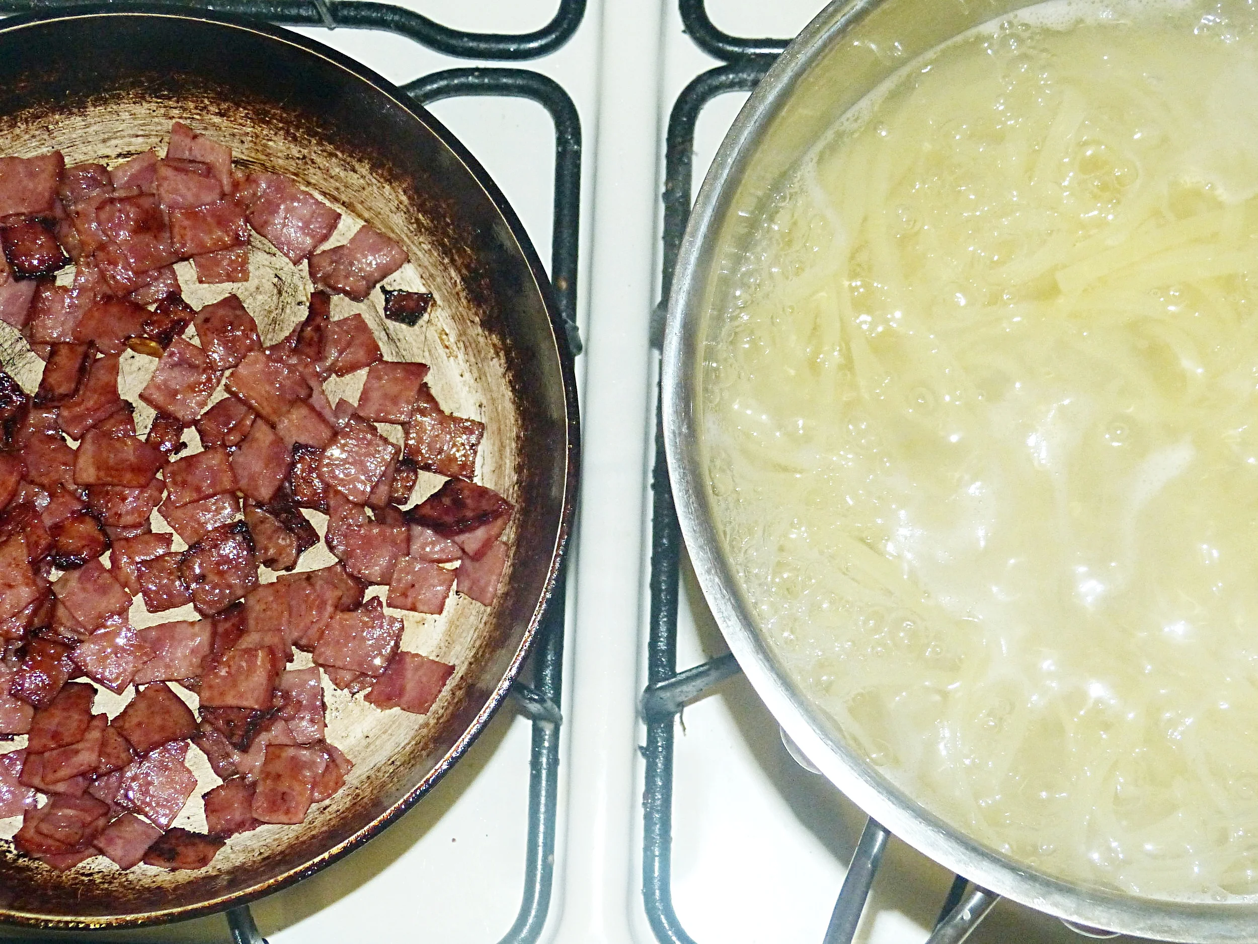 While the pasta is cooking, sauté the turkey bacon.