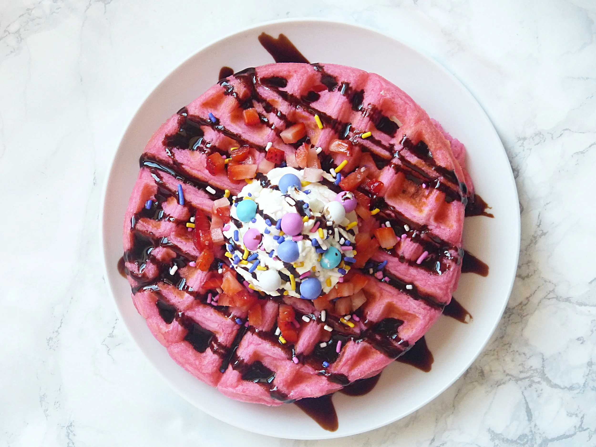 Pink Velvet Cheesecake Stuffed Waffles