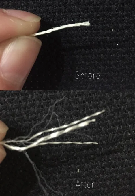 Kreinik thread before and after stitching