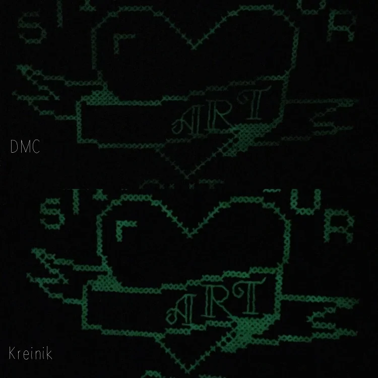 Side-by-side comparison of DMC (top) and Kreinik (bottom) glowing.