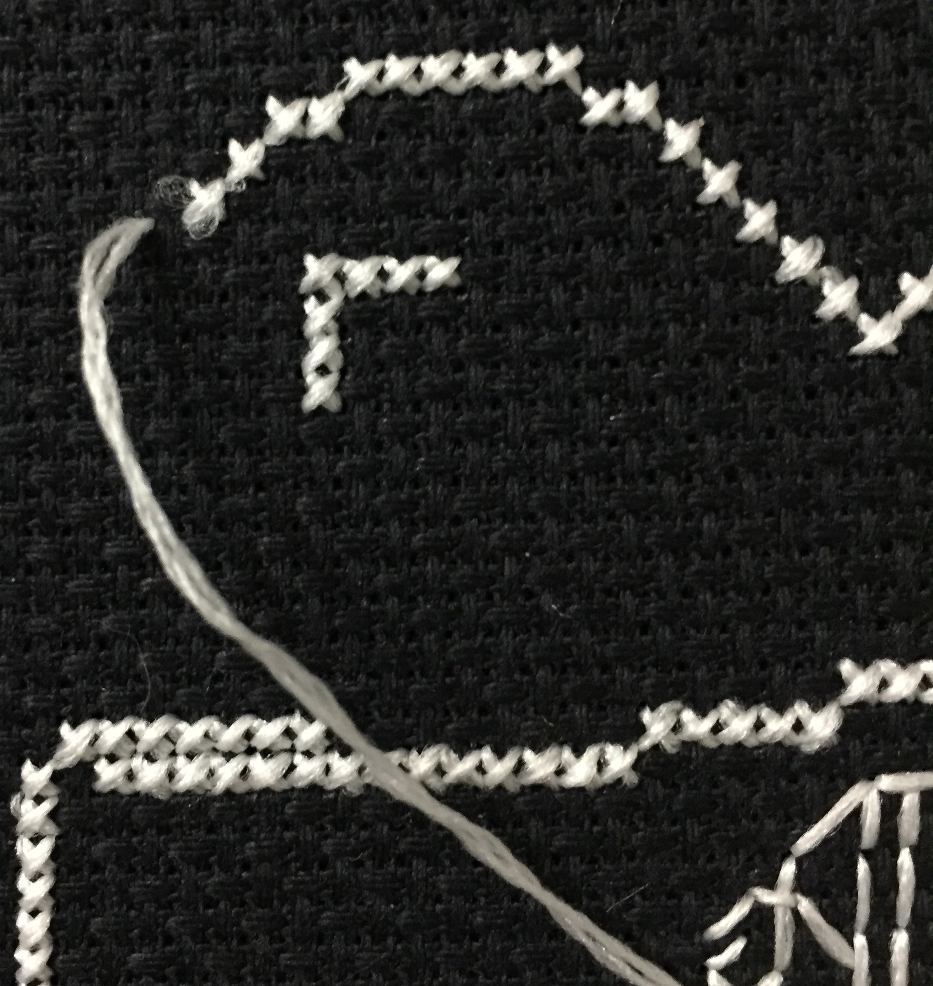 DMC Light Effects with the lights on. You can see the inconsistency of the stitches, especially in the top left where the thread pulled through a bunch of excess. This was pretty common throughout stitching.