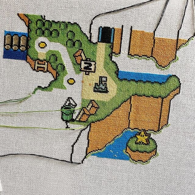 Slow progress is still progress on this Super Mario World Map. January was full of traveling for interviews. It feels replenishing to be home in one place for more than a few days at a time. And getting back to stitching is always a way for me to fin