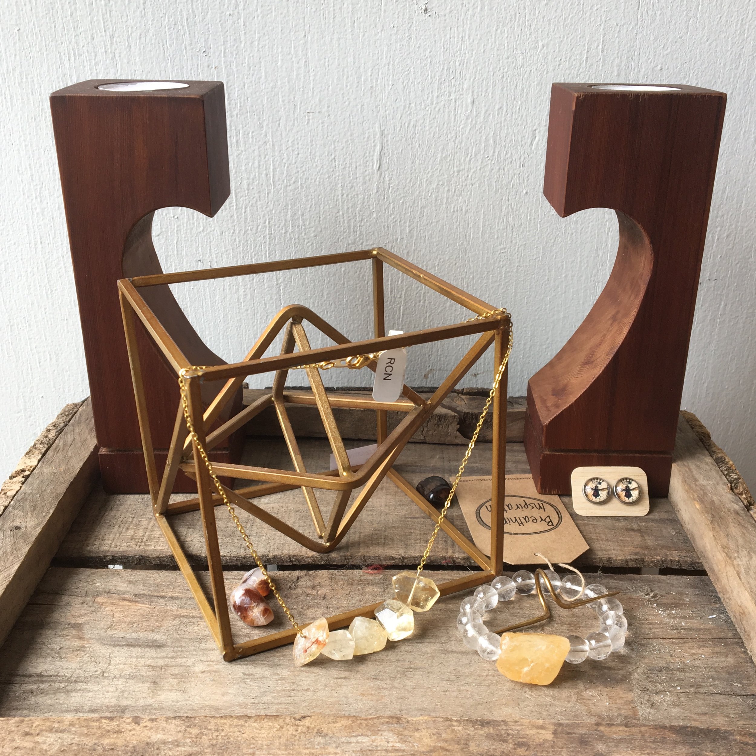 Heart Candle Holders by Knotty Creations • Queen Bee Earrings by Lisa Young Designs • Citrine Bracelet by Breathing Inspiration • Citrine Necklace + Brass Statement Ring by Faire de la Mode • Geometric Decor Piece via Refined Finds • Fire Agate Crystals via Andrometta