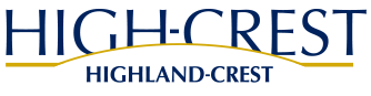 Logo of Highland Crest with the text 'High Crest' in large blue letters and 'Highland Crest' below in smaller blue letters, separated by a yellow swoosh.