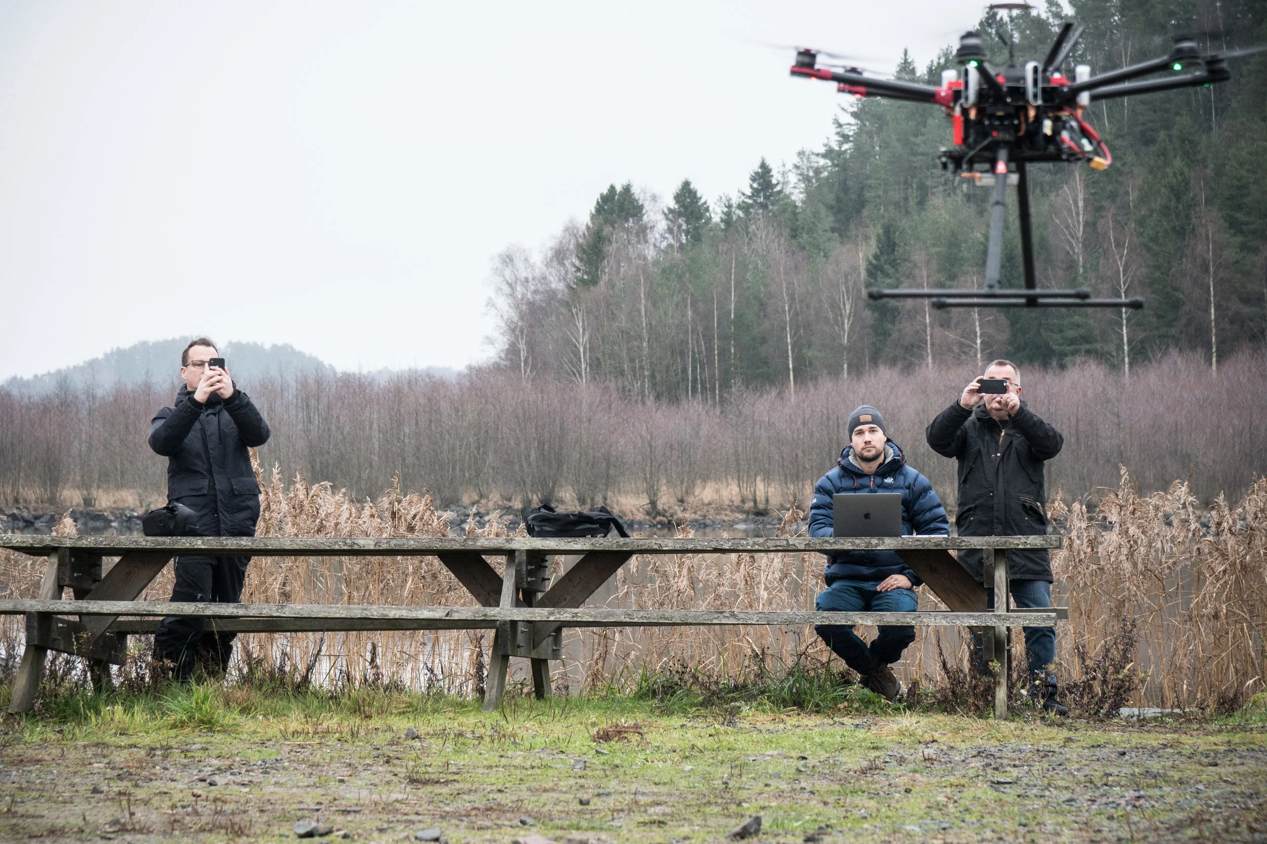 Everdrone’s flight team is monitoring the drone as it descends after a BVLOS mission.
