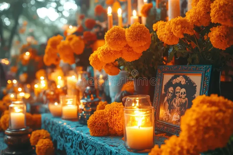 day-dead-altar-mexico-adorned-marigolds-candles-380610826.webp