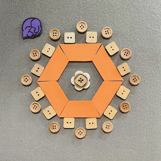 Orange trapezoids represent tables, configured in a hexagon. Square icons represent seated people around the edge of the tables. Round icons represent standing people staggered behind the chairs. A rolling chair is in the center.