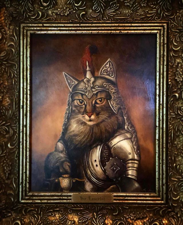 Happy #internationalcatday !! This gallant portrait of &ldquo;Sir Lancelot&rdquo; (a dear and loyal family cat) was one of my first royal pet portraits! ⚔️
.
.
#cat #catart #painting #portrait #royalportrait #knight #catsofinstagram #cats #pet #petar