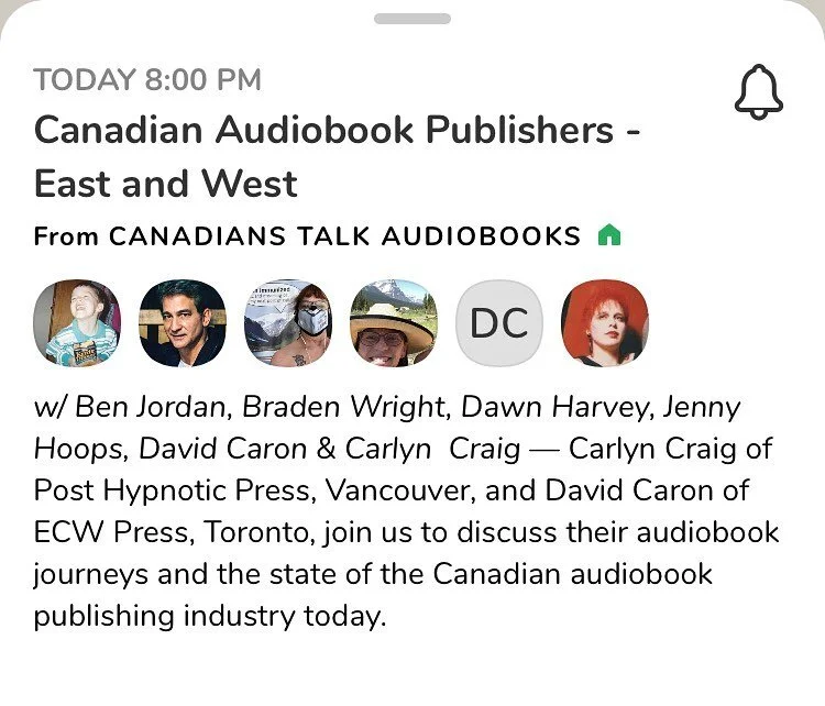 First Clubhouse room for Canadian audiobook industry!! 
&bull;
Today at 7ET
&bull;
@dawnofvoice ,  @audiobooknarratortraining , and @wright_braden hosting @carlyn_craig_php and David Caron in first meeting of Canadians Talk Audiobooks! 
&bull;

https