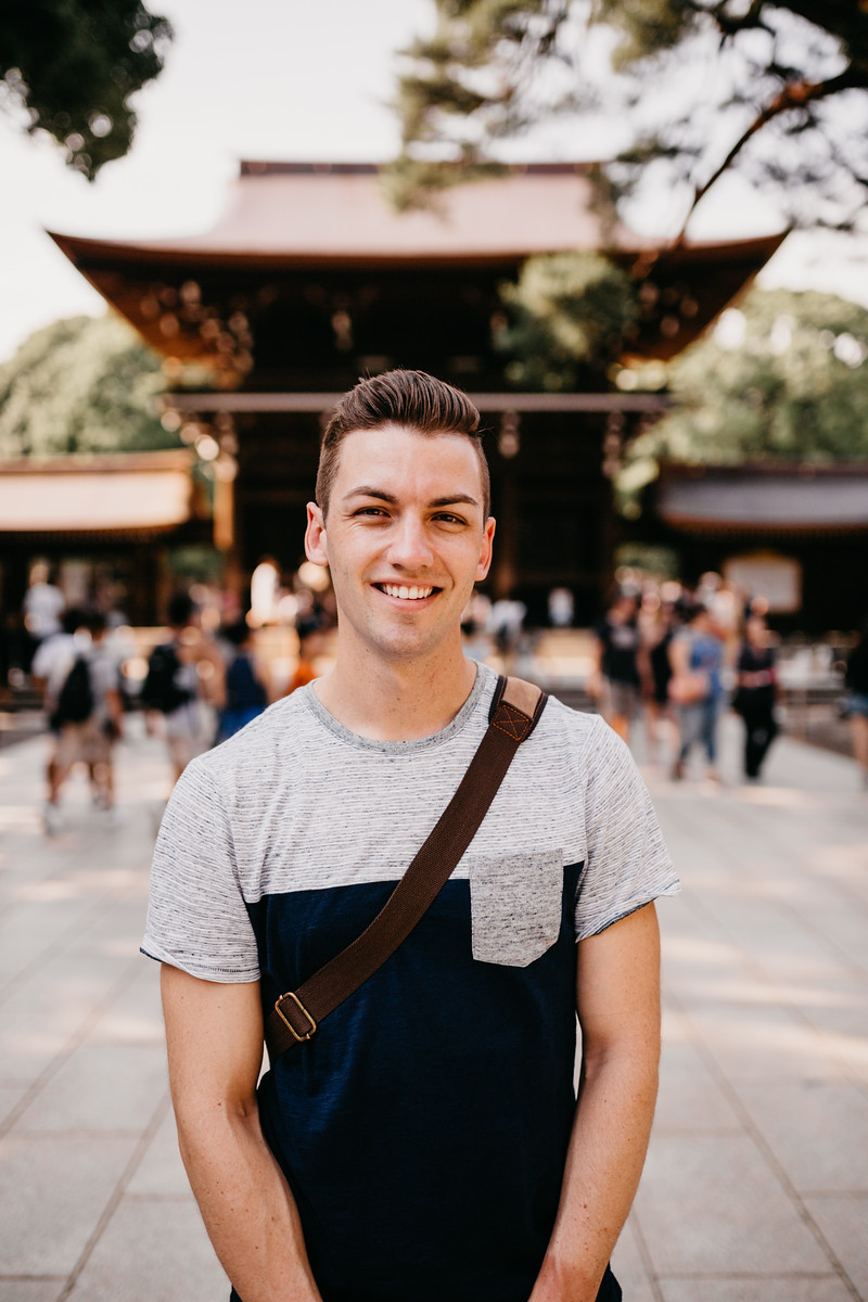 Michael LGBT Backpacker exploring Meiji Jingu Shrine in Tokyo Japan