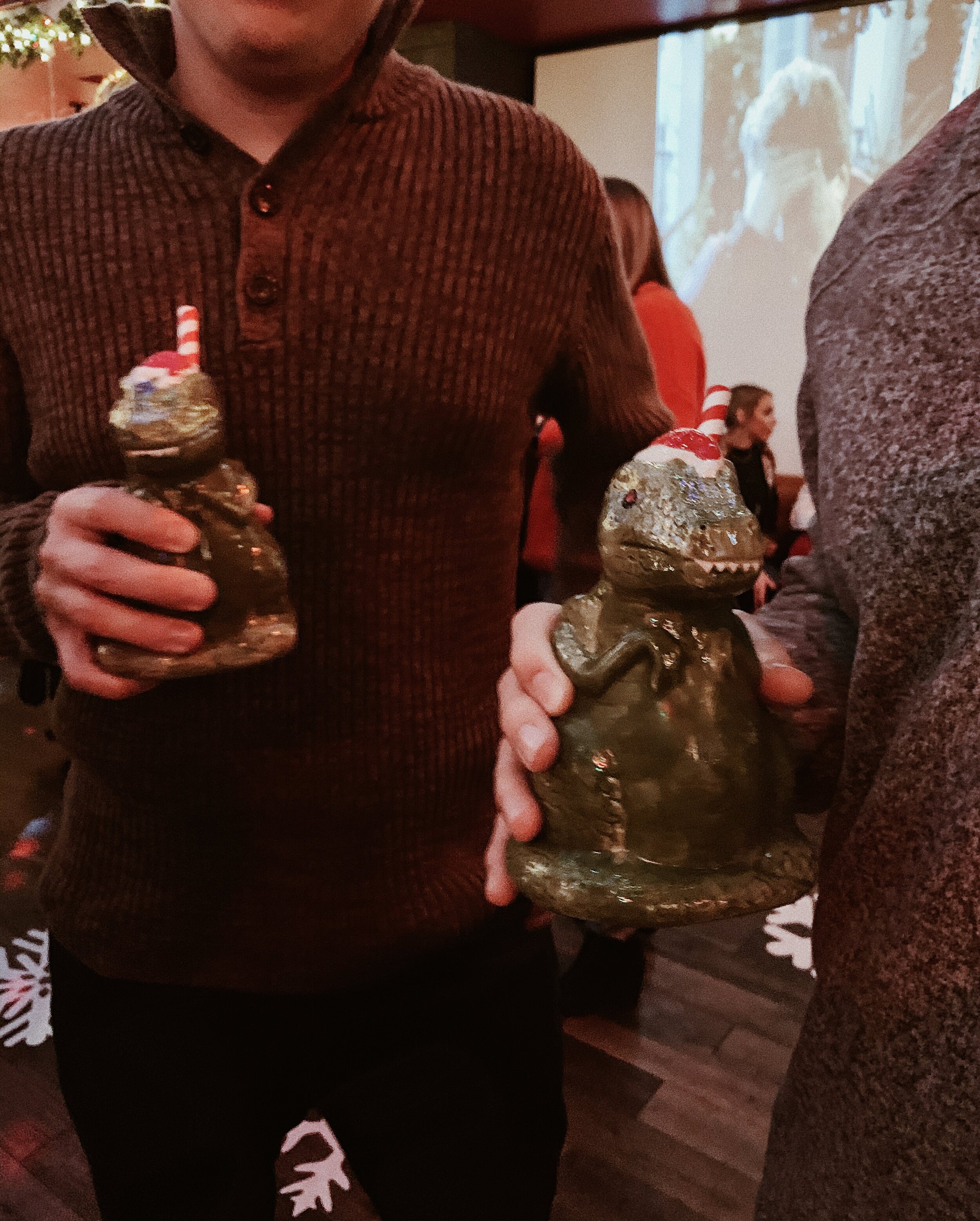 Dinosaur Christmas cups at Miracle Bar Kansas City.JPG