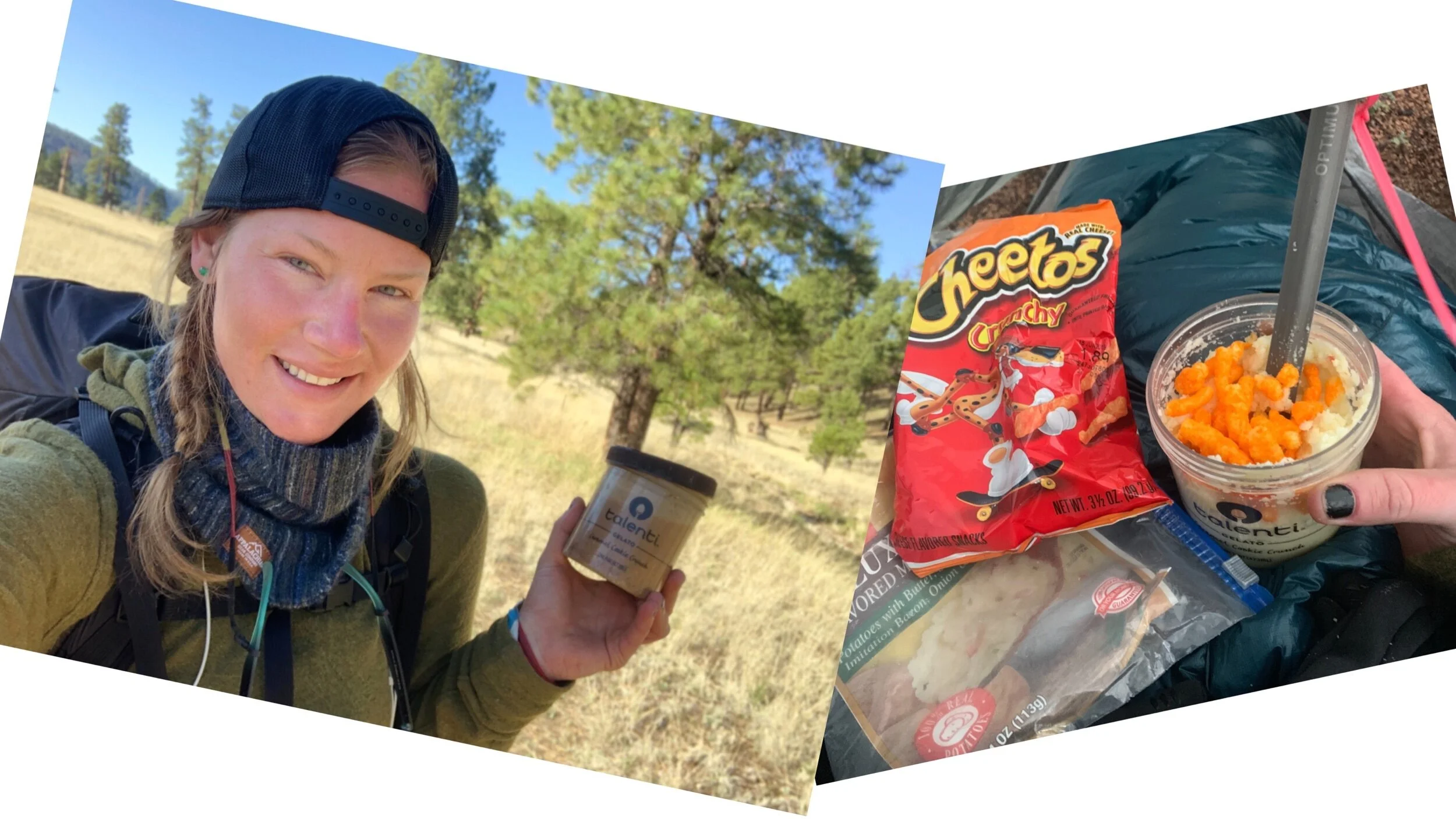 (Left) Starting a beautiful New Mexico morning with cold-soak quick-oats, cacao powder, goat milk powder, and dehydrated berries in a Talenti jar. (Right) Stoveless dinner of instant potatoes, tuna, and Cheetos.