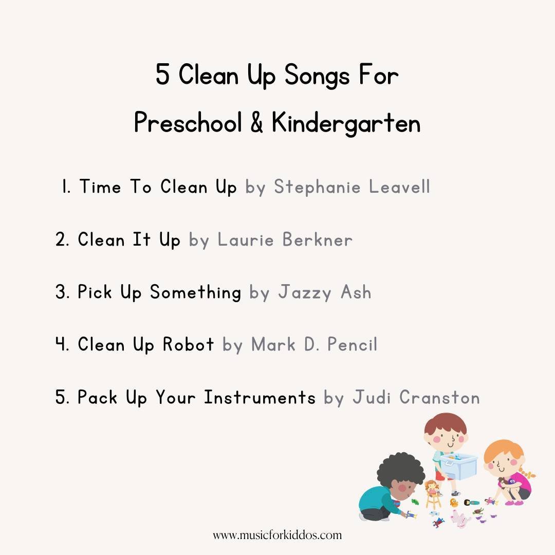 What are your favorite clean up songs?

Here are 5 of our favorites:

1. Time To Clean Up by Stephanie Leavell
2. Clean It Up by Laurie Berkner
3. Pick Up Something by Jazzy Ash
4. Clean Up Robot by Mark D. Pencil
5. Pack Up Your Instruments by Judy 