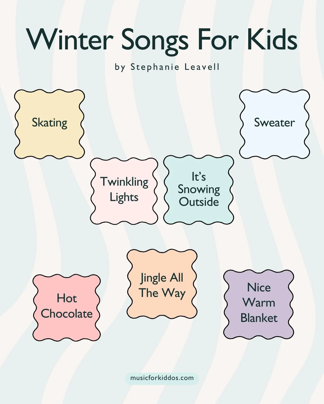 Winter Songs For Kids! 

1. Skating
2. Hot Chocolate
3. Sweater
4. Twinkling Lights
5. Jingle All The Way
6. Its Snowing Outside
7. Nice Warm Blanket

All of these winter songs are part of our educational album, Winter Songs For Kids. This album incl