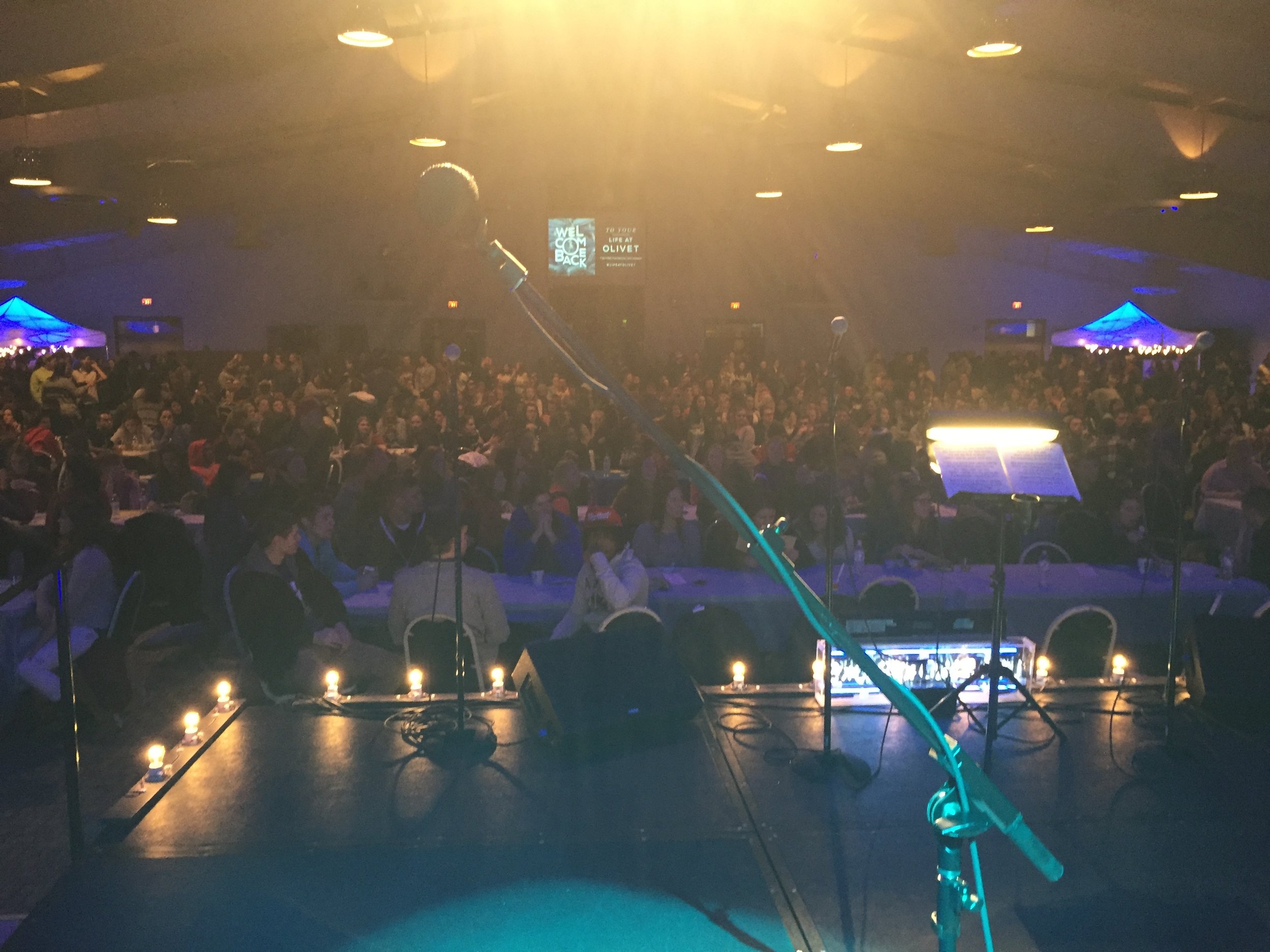 With Live Band Karaoke at Olivet Nazarene University. Probably 1000 kids (really!) that immediately stood up and screamed when we played "Shut and Dance", which just came out. A bit overwhelming to get that big of a response unexpectedly. 