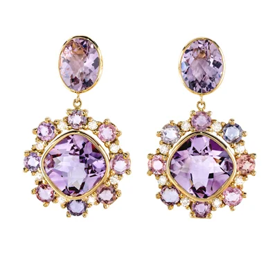 Antique Cushion Amethyst and Rose Cut Sapphire and Diamond Pierced, Drop Earrings