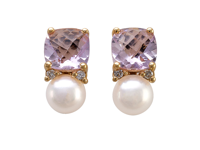 Cushion Light Amethyst Pearl and Diamond Pierced Earrings