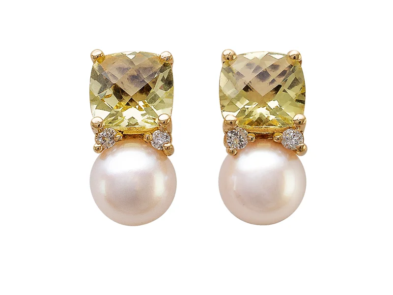 Cushion Citrine Pearl and Diamond Pierced Earrings