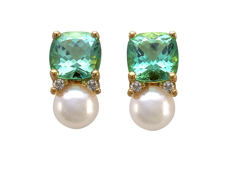 Cushion Afgan Green Tourmaline Pearl and Diamond Pierced Earrings
