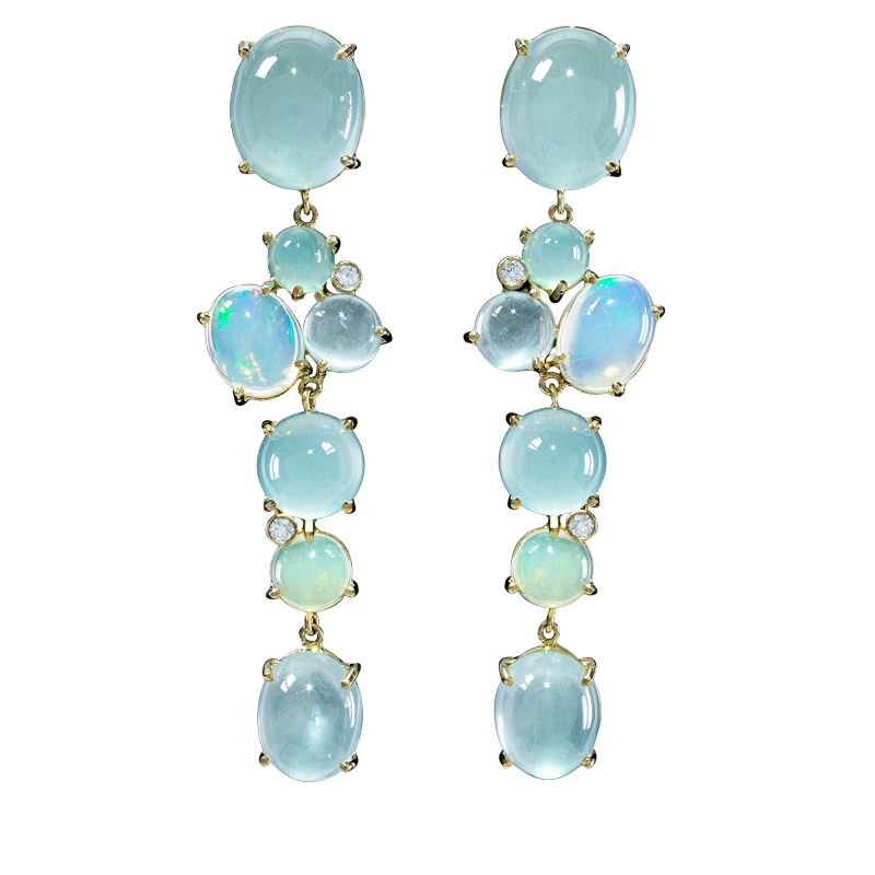 Long Aquamarine and Opal Cabochon and Diamond Long Pierced Earrings