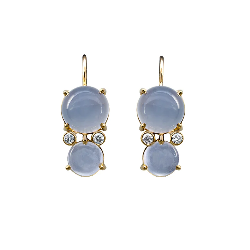 Blue Chalcedony and Diamond French Wire Pierced, Drop Earrings