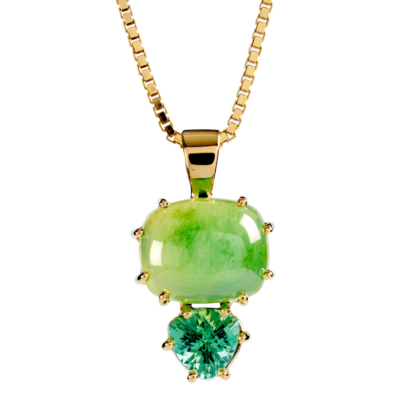 Chrysoverde Chalcedony and Trillion Afgan Tourmaline Pendant