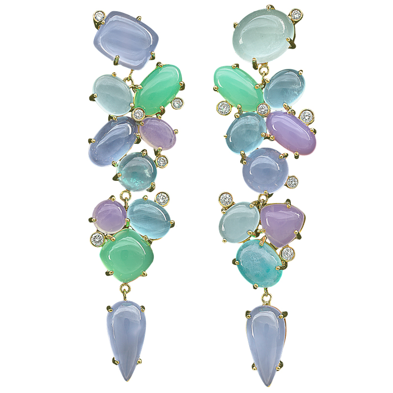 Long Pastel Cabochon and Diamond Long Pierced Earrings