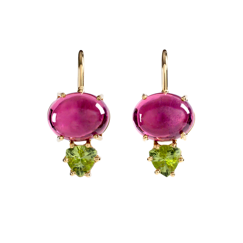 Rhodolite Garnet and Peridot, French Wire, Pierced, Drop Earring