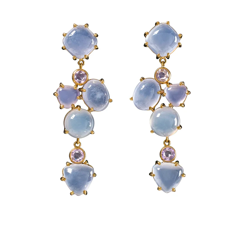 Long Chalcedony and Sapphire Pierced Drop Earrings