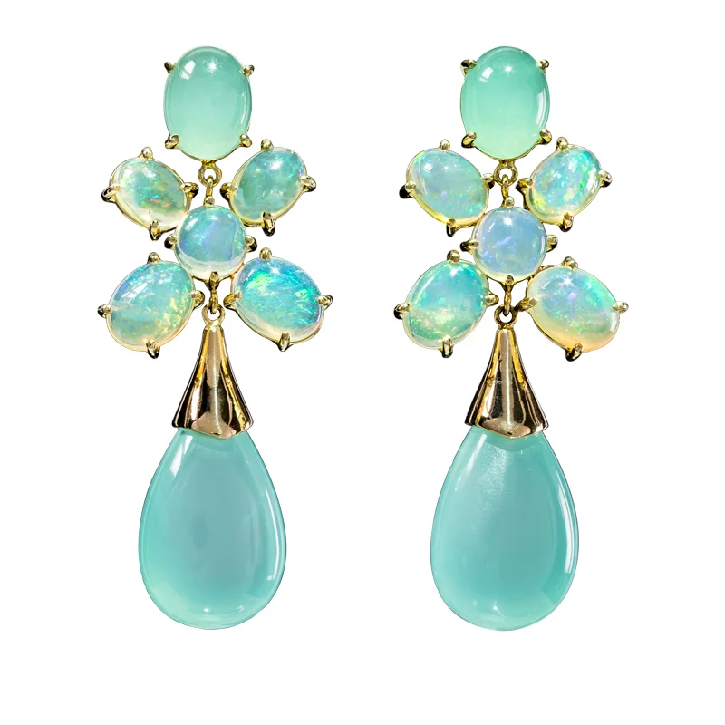 Mint Chalcedony, Opal and Chrysolite 18k Gold Pierced, Drop 18k Gold Earrings
