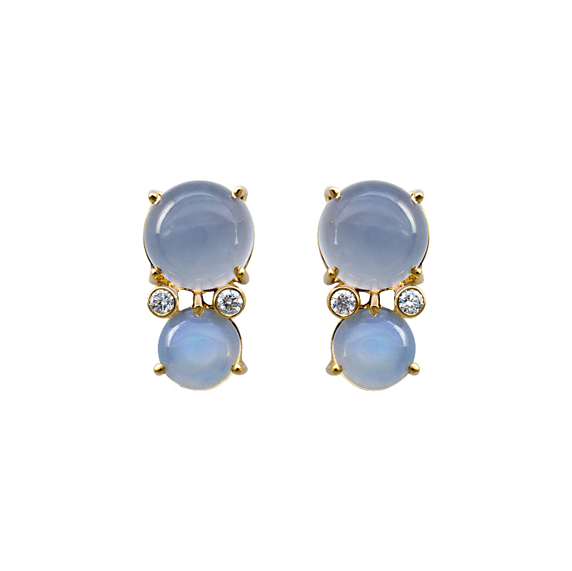 Blue Chalcedony Opal and Diamond Pierced Earrings