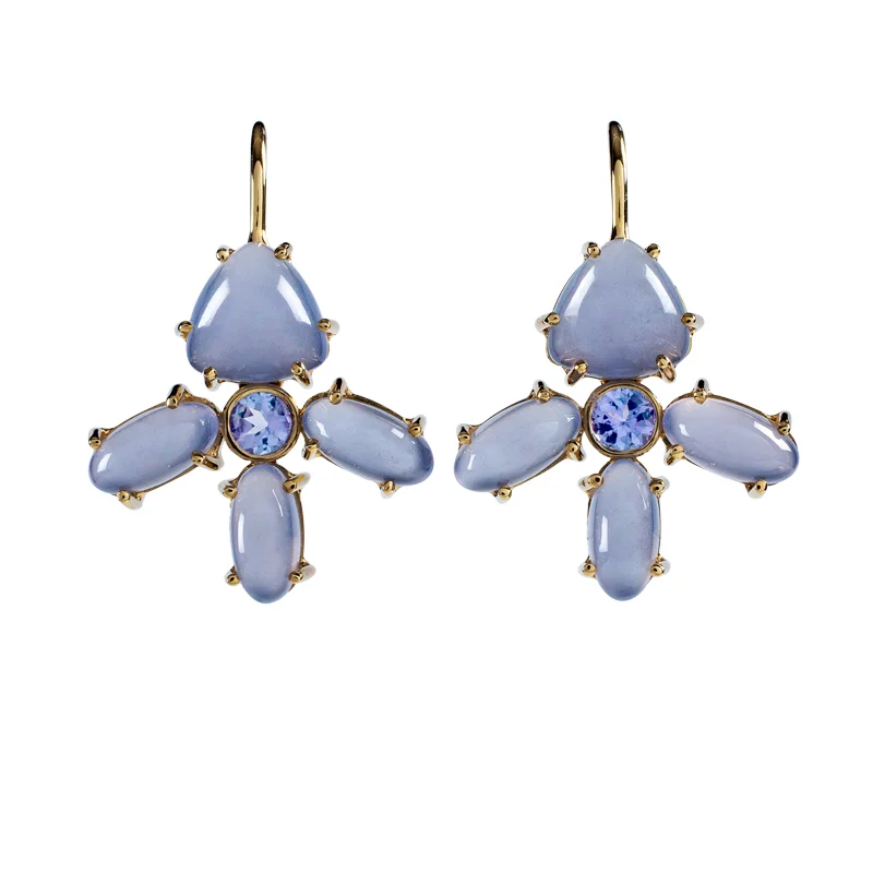 Blue Chalcedony and Tanzanite, French Wire Pierced, Drop Earrings