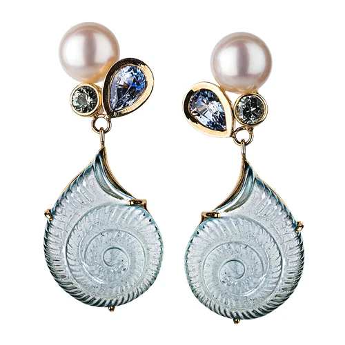 Aquamarine Nautilus Shell Ceylon Sapphire Pierced Drop Earrings