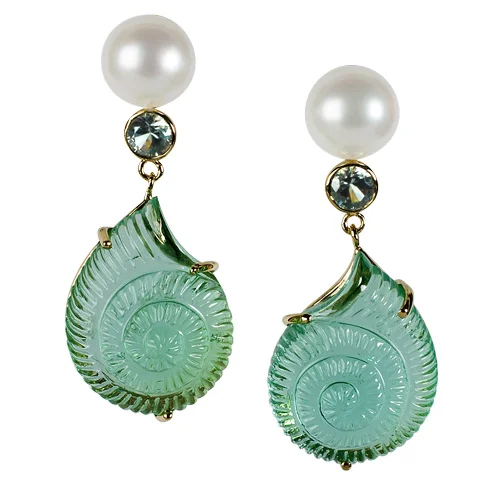 Green Tourmaline Nautilus Shell Pierced Drop Earrings