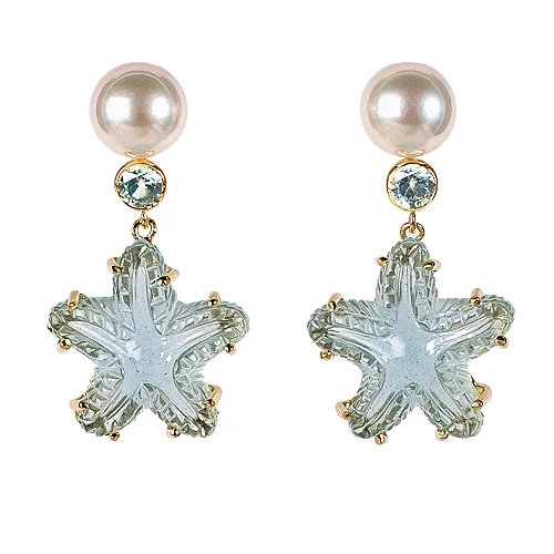Aquamarine Starfish Pearl and Montana Sapphire Pierced Drop Earrings