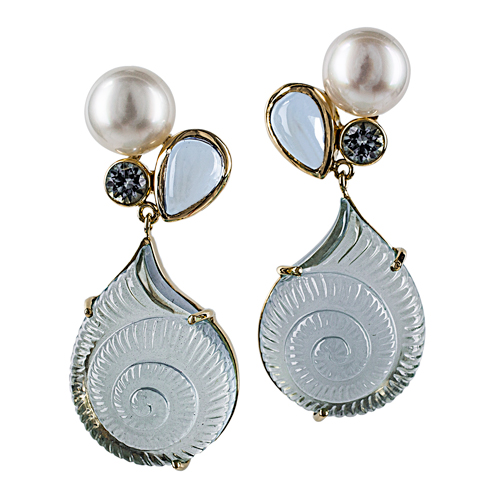 Aquamarine Nautilus Shell Blue Moonstone Pierced Earrings