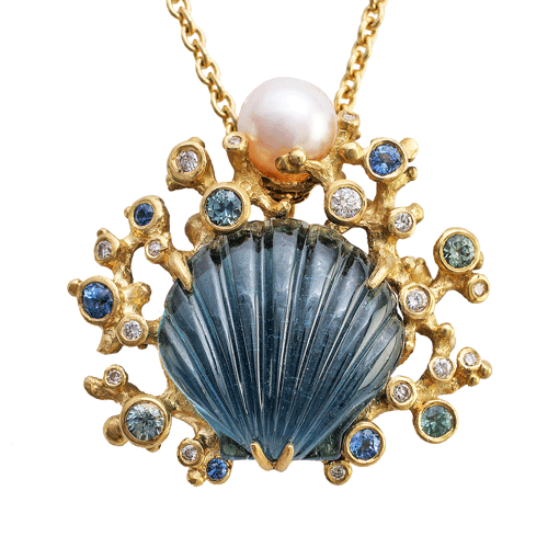 Indicolite Scallop Shell Pendent with Montana Sapphires and Diamonds
